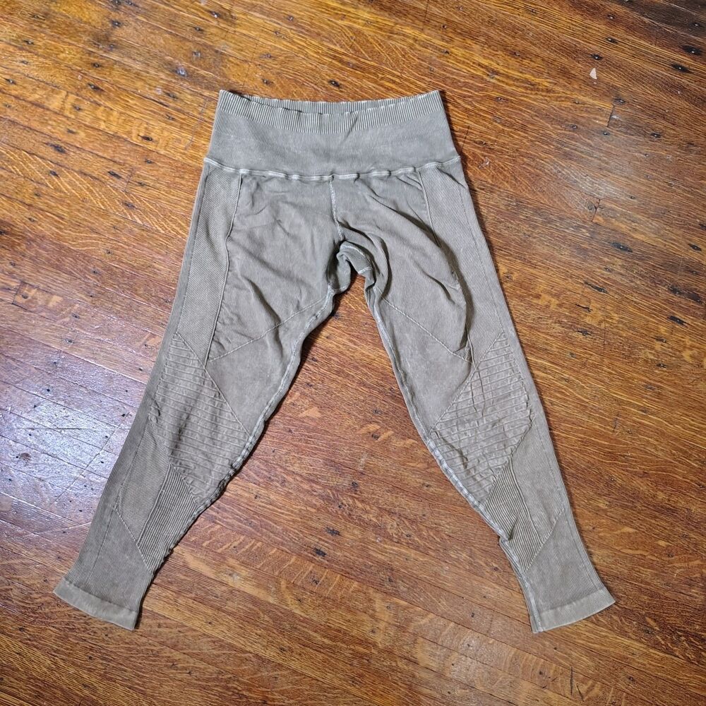 Olive Green Acid Wash Cropped Moto Leggings Free People Movement Wmns Sz M/T754